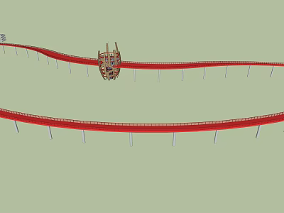 Red Curved Roller Coaster Track With Wooden Cart And Support Structures 3d model