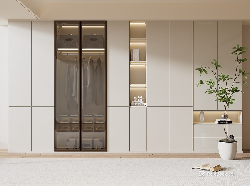 Modern Minimalist White Wardrobe With Glass Door Hanging Rods And Open Shelves 3d model 