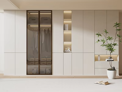 Modern Minimalist White Wardrobe With Glass Door Hanging Rods And Open Shelves 3d model