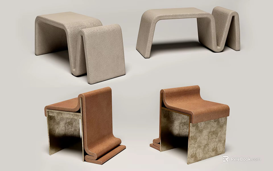 Modern Contemporary Stools With Curved And Geometric Designs In Beige And Brown Colors 3d model 