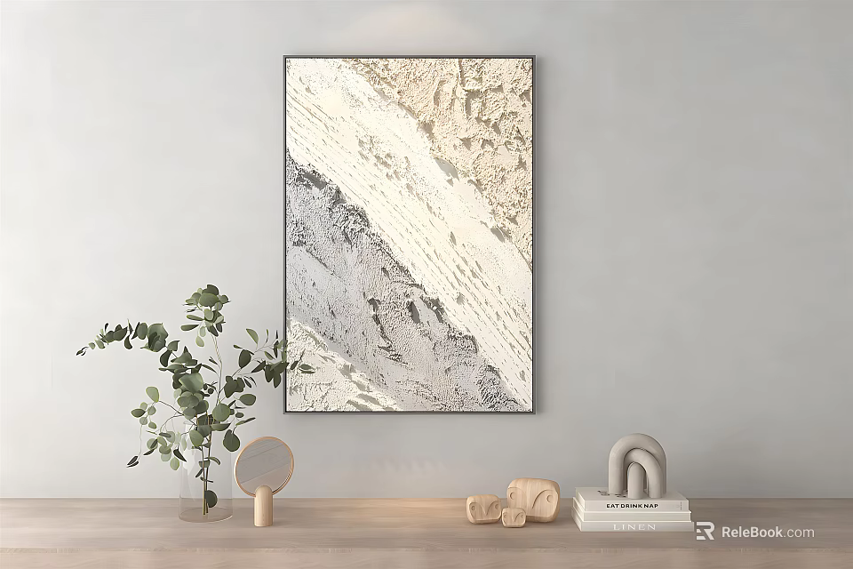 Abstract Painting On Wall With Green Plant Decorative Objects And Books 3d model 