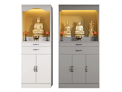 Buddhist Shrine Cabinet White and Gray with Buddha Statues Yellow Lighting Drawers and Doors 3d model