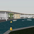 Open Modern Lakeside Building With Glass Facade Reflecting Pool Trees And Green Lawn