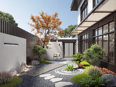 Elegant Courtyard Garden Featuring Slate Path Ornamental Plants Autumn Tree And White Wall 3d model