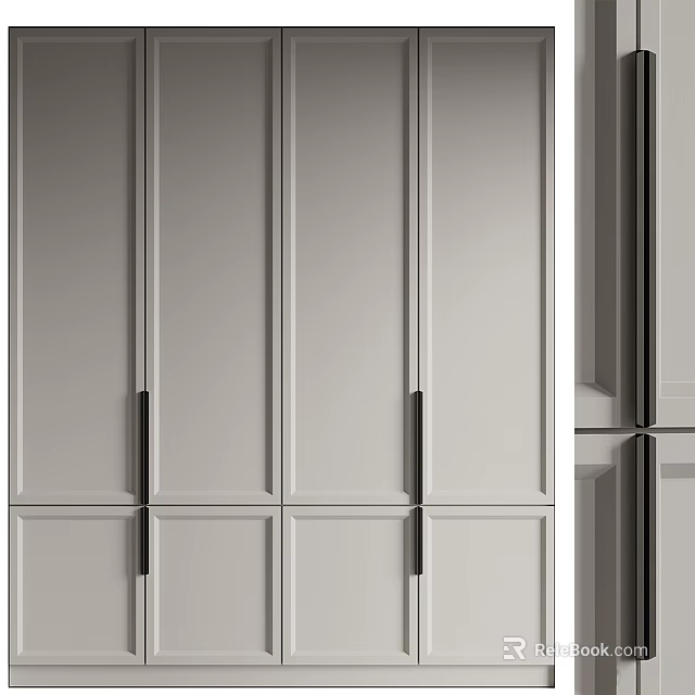Modern Minimalist Gray Wardrobe With Paneled Doors And Sleek Black Metal Handles 3d model 