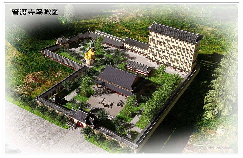 Pudu Temple Ancient Architecture Aerial View Traditional Courtyard Layout Golden Pagoda And Greenery 3d model 