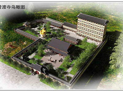 Pudu Temple Ancient Architecture Aerial View Traditional Courtyard Layout Golden Pagoda And Greenery 3d model
