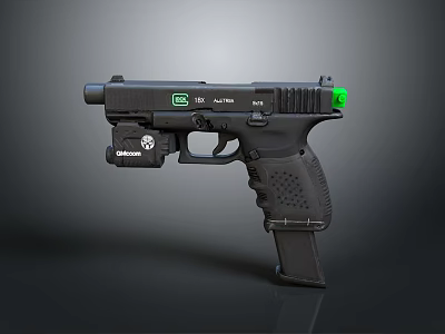 Tactical Black Pistol with ID ALPHA Label Green Indicator Light and Streamlight Attachment 3d model