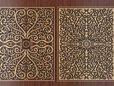 Intricate Wooden Carved Patterns On Dual Decorative Panels With Ornate Designs 3d model