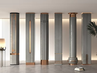 Modern Decorative Columns With Golden Accents And Textured Designs In Interior Space 3d model