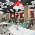 Modern Restaurant Interior With Red Pendant Lights Green Chairs And Large Windows