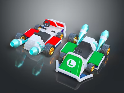 Colorful Toy Cars In Red White Green With Rocket Thrusters Gold Wheels And L Logo 3d model