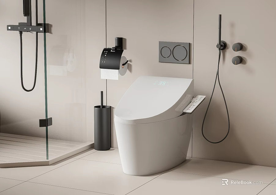 Smart Modern Toilet In Bathroom Interior With Toilet Paper Holder And Brush Holder 3d model 