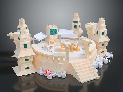 Playful Cartoon Castle Scene With Round Platform Towers Stairs And Small Decor Items 3d model