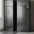 Stainless Steel Double Door Refrigerators In Modern Interior With Curtain And Panel Wall