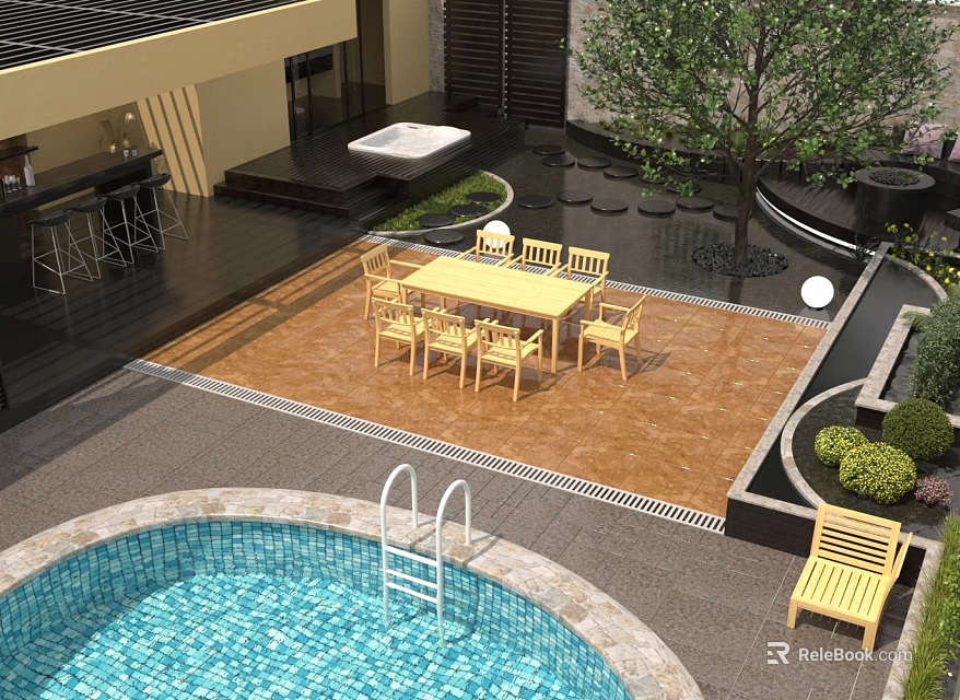 Lush Outdoor Garden Tree And Bushes In Patio Area With Swimming Pool Dining Table And Chairs 3d model 