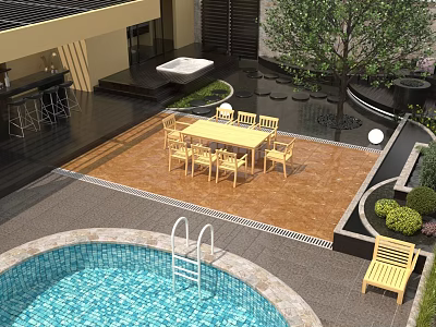 Lush Outdoor Garden Tree And Bushes In Patio Area With Swimming Pool Dining Table And Chairs 3d model