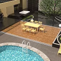 Lush Outdoor Garden Tree And Bushes In Patio Area With Swimming Pool Dining Table And Chairs