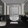 Elegant Modern Gray Bathroom Interior Design with Bathtub Toilet Vanity Blinds Mirror and Green Plant