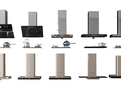 Modern Kitchen Appliances Featuring Different Range Hoods And Stovetop Designs 3d model