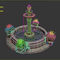 Garden Ornament Decorative Fountain Design With Circular Water Basin Surrounding Flower Pots And Blooming Flowers