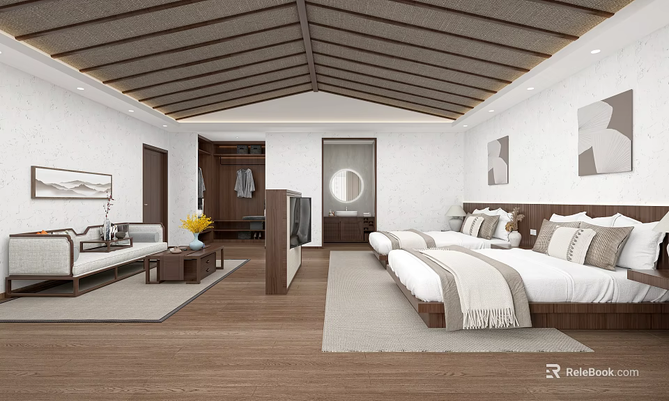 Modern Hotel Guest Room With Twin Beds Wooden Flooring And Cozy Seating Area 3d model 
