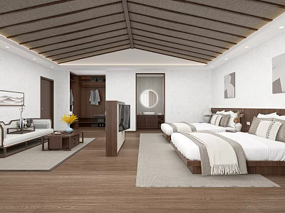 Modern Hotel Guest Room With Twin Beds Wooden Flooring And Cozy Seating Area 3d model