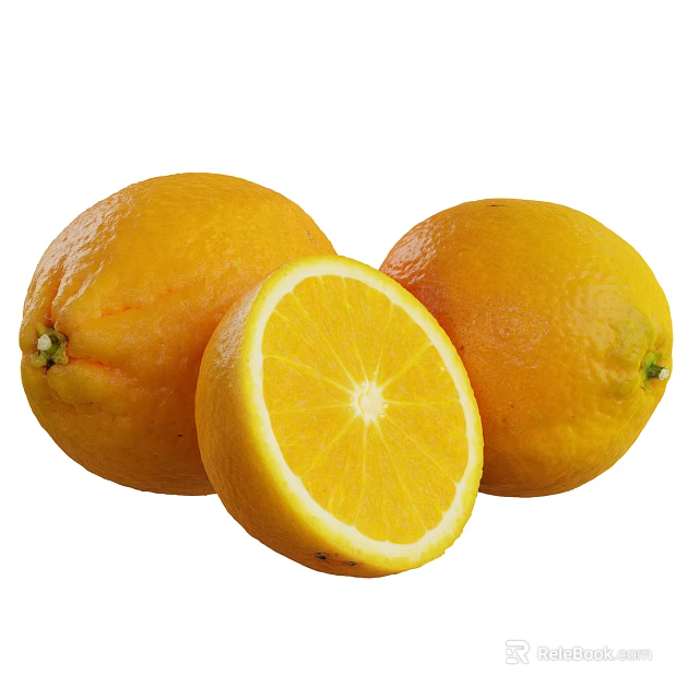 Three Fresh Oranges with One Sliced Showing Juicy Pulp and Seeds 3d model 