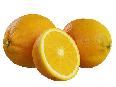 Three Fresh Oranges with One Sliced Showing Juicy Pulp and Seeds 3d model