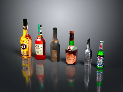 Various Alcohol Bottles and Glassware Displayed on Dark Background with Reflections 3d model