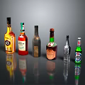 Various Alcohol Bottles and Glassware Displayed on Dark Background with Reflections