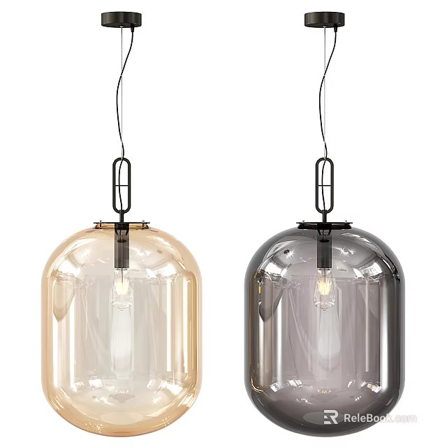 Two Beige And Smoke Gray Glass Pendant Lights With Metal Chain Holders And Visible Bulbs 3d model 