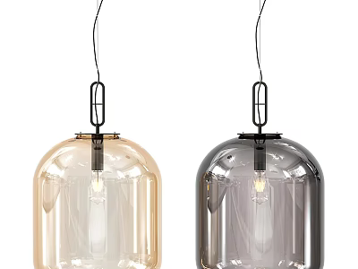 Two Beige And Smoke Gray Glass Pendant Lights With Metal Chain Holders And Visible Bulbs 3d model