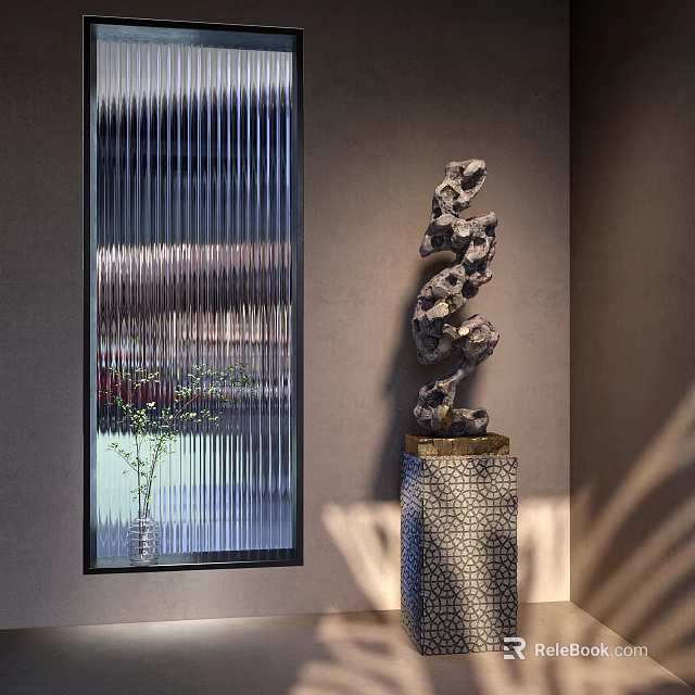 Elegant Decorative Ornament Set With Modern Stone Sculpture And Textured Pedestal Base 3d model 