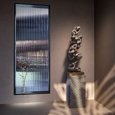 Elegant Decorative Ornament Set With Modern Stone Sculpture And Textured Pedestal Base 3d model