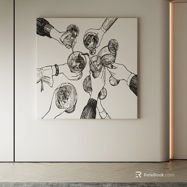 Abstract Painting Featuring Multiple Hands Toasting With Glasses In Minimalist Style 3d model