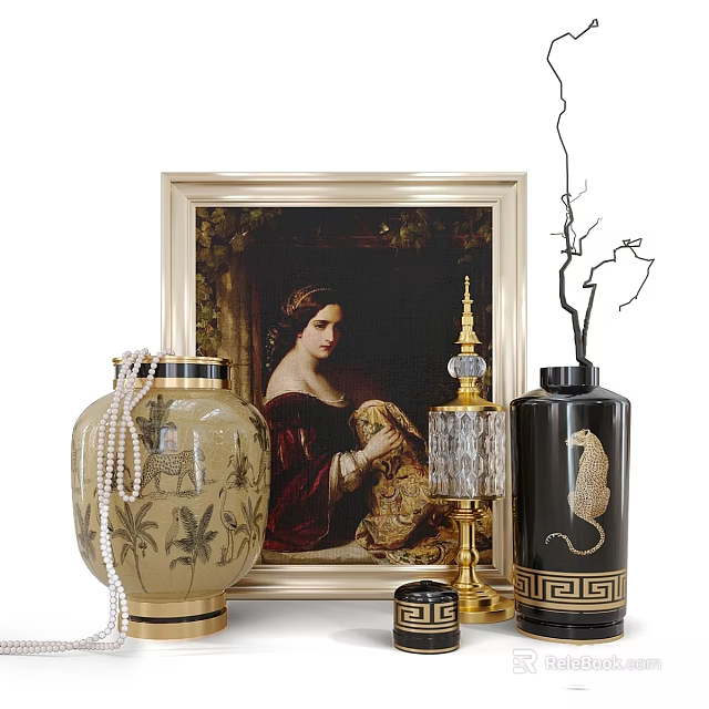 Elegant Decorative Ornament Set With Framed Painting Beige Vase Golden Candlestick And Black Vase 3d model 