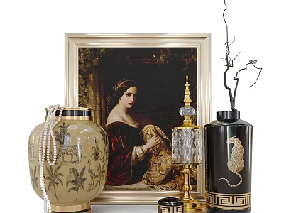 Elegant Decorative Ornament Set With Framed Painting Beige Vase Golden Candlestick And Black Vase 3d model