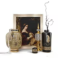 Elegant Decorative Ornament Set With Framed Painting Beige Vase Golden Candlestick And Black Vase