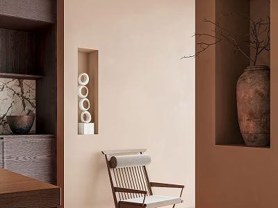 Modern Interior Design Featuring Wooden Accent Chair With Recessed Niche And Decorative Vase 3d model