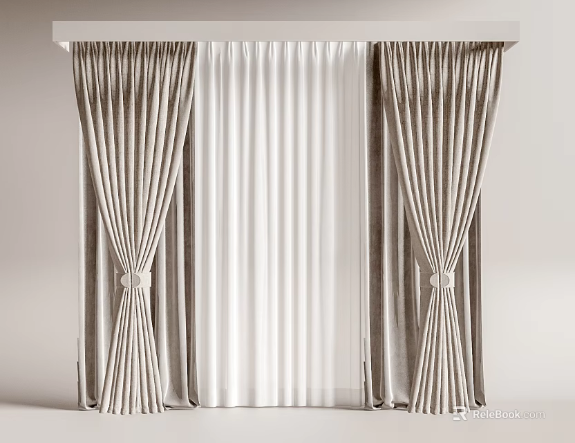 Elegant Double Layer Beige Thick Curtains With White Sheer And Tiebacks 3d model