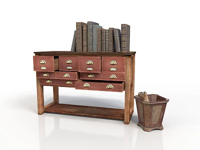 Wooden Drawer Cabinet With Metal Handles Old Books On Top And Metal Trash Bin Beside 3d model