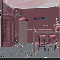 Pink Public Office Space With Neon Lights Phone Booth Tables And Flower Petals