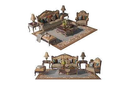 Classic Sofa And Coffee Table Set With Armchairs Table Lamps Decorative Pillows And Area Rug 3d model