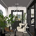 Modern Villa Balcony Design With Comfortable Chair Green Plants Chandelier And City View