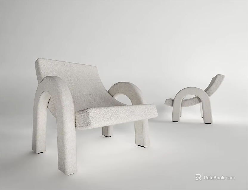 Modern Minimalist Light Colored Accent Chair With Matching Ottoman And Curved Arms 3d model 