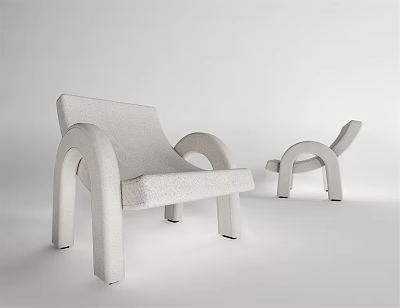 Modern Minimalist Light Colored Accent Chair With Matching Ottoman And Curved Arms 3d model