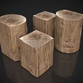 Four Square Shaped Natural Wooden Stools With Rustic Wood Grain Texture 3d model