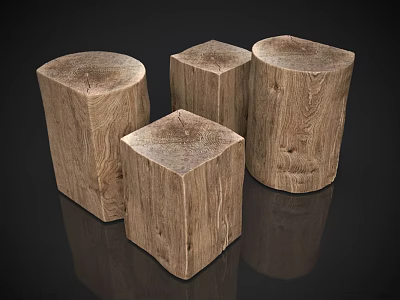 Four Square Shaped Natural Wooden Stools With Rustic Wood Grain Texture 3d model