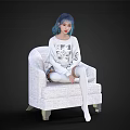 Young Woman With Blue Hair Wearing White Sweater And Stockings Sitting On White Chair